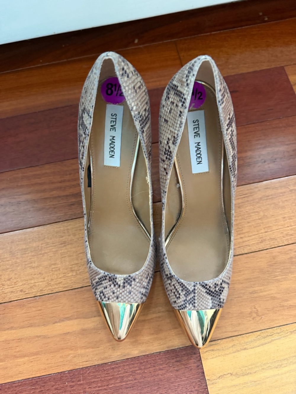 Steve Madden Beige Snake-Print Pumps with Gold Cap Toe